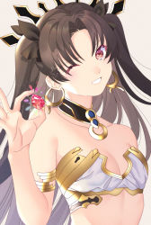 Rule 34 | 1girl, akapug621, armlet, bad id, bad pixiv id, bare shoulders, bow, breasts, brown hair, cleavage, earrings, fate/grand order, fate (series), gem, gold trim, hair bow, hoop earrings, ishtar (fate), jewelry, long hair, looking at viewer, one eye closed, parted lips, red eyes, small breasts, smile, solo, sparkle, twintails, two side up, upper body