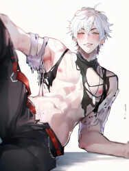 Rule 34 | 1boy, abs, bishounen, brown eyes, highres, looking at viewer, male focus, navel, nipples, nu carnival, official alternate hairstyle, owner bird, pectorals, shirt, short hair, solo, torn clothes, torn shirt, white hair