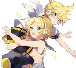 Rule 34 | &gt;:(, + +, :3, ahoge, back peek, bare shoulders, blonde hair, blue eyes, blush, bow, carrying, carrying over shoulder, carrying person, detached sleeves, hair bow, hair ornament, hairclip, headphones, headset, kagamine len, kagamine rin, leg warmers, lifting person, nail polish, open mouth, outstretched arms, sailor collar, shimada71 72, shirt, short hair, short ponytail, shorts, sleeveless, sleeveless shirt, sparkle, star-shaped pupils, star (symbol), surprised, sweatdrop, symbol-shaped pupils, v-shaped eyebrows, vocaloid, w, white bow, wide-eyed, yellow nails