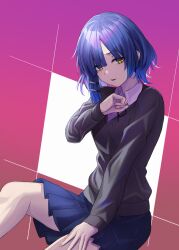 Rule 34 | 1girl, black ribbon, black sweater, blue hair, blue skirt, blunt bangs, bocchi the rock!, collar, commentary request, dande cat, eyelashes, fingernails, furrowed brow, gradient background, hair ornament, hairclip, hand on own leg, hand up, head tilt, highres, legs, light blush, looking at viewer, miniskirt, mole, mole under eye, parted bangs, parted lips, pink background, pleated skirt, red background, ribbon, shirt, short hair, sidelocks, simple background, skirt, solo, sweater, white background, white collar, white shirt, yamada ryo, yellow eyes