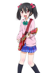 Rule 34 | 10s, 1girl, black hair, blush, bow, cardigan, electric guitar, guitar, hair bow, instrument, looking at viewer, love live!, love live! school idol project, miyako hito, music, open mouth, playing instrument, red eyes, school uniform, short hair, skirt, smile, solo, sweater, twintails, yazawa nico