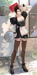 Rule 34 | 1boy, 1girl, absurdres, apron, arm up, black dress, black footwear, book, brown thighhighs, crossdressing, dress, earrings, elbow gloves, eyeshadow, frilled dress, frills, full body, gloves, green eyeshadow, green lips, hanabatake chaika, hand on own hip, highres, holding, holding book, holding tray, jewelry, light smile, looking at viewer, makeup, nijisanji, ogura tubuan, outdoors, pointy ears, shiina yuika, sketch, solo focus, standing, thighhighs, tray, virtual youtuber, waist apron, white gloves, window, zettai ryouiki