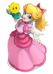 Rule 34 | 1girl, blonde hair, blue eyes, bow, breasts, dress, earrings, elbow gloves, gloves, gonzarez, hair bow, highres, jewelry, long hair, looking at viewer, looking back, mario (series), medium breasts, nintendo, official alternate costume, official alternate hairstyle, open mouth, outstretched arm, outstretched hand, pink dress, ponytail, princess peach, princess peach: showtime!, reaching, reaching towards viewer, smile, solo, sphere earrings, stella (peach), white gloves