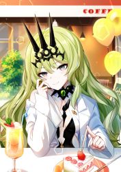 Rule 34 | 1girl, absurdres, balloon, cake, cake slice, cen (cenll), closed mouth, coat, commentary request, crown, drinking straw, food, fork, fruit, glass, green eyes, green hair, happy birthday, highres, honkai (series), honkai impact 3rd, juice, lab coat, long hair, looking at viewer, mobius (honkai impact), orange juice, plate, smile, solo, strawberry, wavy hair, white coat