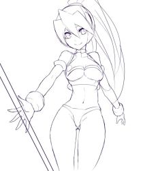 Rule 34 | 1girl, breasts, ciel (mega man), cropped jacket, gloves, groin, high ponytail, inti creates, long hair, looking at viewer, monochrome, panties, ponytail, mega man (series), mega man zero (series), smile, solo, ukimukai, underwear, weapon