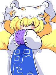 Rule 34 | 1girl, ;3, animal ears, blonde hair, blue tabard, blush, chahan (fried rice0614), chibi, commentary request, cowboy shot, dress, fox ears, fox tail, hair between eyes, half-closed eye, hands in opposite sleeves, hands up, hat, highres, looking at viewer, mob cap, multiple tails, ofuda, one eye closed, slit pupils, solo, standing, tabard, tail, touhou, v-shaped eyebrows, white dress, yakumo ran, yellow eyes