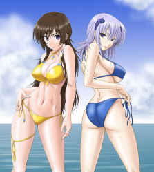 Rule 34 | 2girls, ass, bikini, blue bikini, blue eyes, breasts, brown hair, cloud, contrapposto, covered erect nipples, cryska barchenowa, day, front-tie top, large breasts, long hair, looking at viewer, looking back, misnon the great, multiple girls, muv-luv, muv-luv alternative, muv-luv total eclipse, navel, ocean, parted lips, purple hair, short hair, side-tie bikini bottom, sky, strap gap, swimsuit, takamura yui, untied, yellow bikini