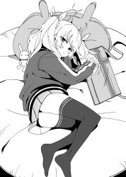 Rule 34 | 1girl, absurdres, ahoge, bag, black thighhighs, blue archive, blush, hair ribbon, halo, highres, jacket, long sleeves, luke (dydansgur), lying, miniskirt, monochrome, on side, pillow, pleated skirt, ribbon, shoulder bag, skirt, sleeves past wrists, solo, stuffed toy, sweatdrop, thighhighs, track jacket, twintails, yoshimi (blue archive)