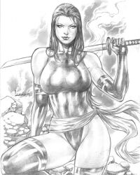Rule 34 | 1girl, artist request, ass, breasts, curvy, expressionless, feet out of frame, highleg, highleg leotard, highres, holding, holding sword, holding weapon, huge ass, large breasts, leotard, lips, long hair, looking at viewer, marvel, monochrome, psylocke, revealing clothes, sash, shiny clothes, skindentation, smile, solo, source request, sword, thong leotard, traditional media, very long hair, weapon, wide hips, x-men