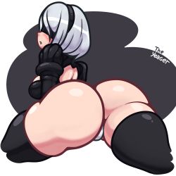 Rule 34 | 1girl, absurdres, artist name, ass, back cutout, black blindfold, blindfold, clothing cutout, from behind, hairband, highres, huge ass, juliet sleeves, long sleeves, nier (series), nier:automata, puffy sleeves, solo, theyeager, thick thighs, thighs, white hair, 2b (nier:automata)