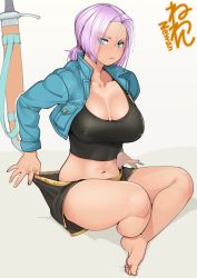 Rule 34 | 1girl, adjusting clothes, adjusting shorts, barefoot, black shorts, blue eyes, breasts, cleavage, clothes lift, collarbone, commentary request, cropped jacket, denim, denim jacket, dragon ball, dragonball z, forehead, full body, genderswap, genderswap (mtf), jacket, large breasts, low ponytail, midriff, navel, neone, planted, planted sword, planted weapon, pout, purple hair, scabbard, sheath, sheathed, shirt lift, shorts, sitting, soles, solo, sword, tan, thick thighs, thighs, toes, trunks (dragon ball), trunks (future) (dragon ball), weapon