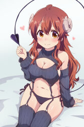 Rule 34 | 1girl, arm at side, bare shoulders, black panties, black sweater, blush, breasts, brown eyes, brown hair, cleavage, cleavage cutout, closed mouth, clothing cutout, commentary, cowboy shot, curvy, demon girl, demon horns, demon tail, detached sleeves, fang, hair between eyes, hair ribbon, hand up, highres, horns, large breasts, long hair, looking at viewer, machikado mazoku, meme attire, mukaibi aoi, navel, panties, ribbed sweater, ribbon, side-tie panties, sidelocks, simple background, sitting, skin fang, sleeveless, sleeveless turtleneck, sleeves past wrists, smile, solo, split mouth, sweater, tail, tail raised, tareme, thigh gap, thighs, tress ribbon, turtleneck, underwear, very long hair, virgin destroyer sweater, wavy hair, white background, yoshida yuuko (machikado mazoku)
