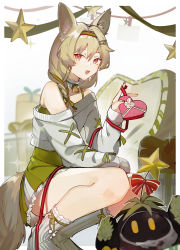 Rule 34 | 1girl, :d, absurdres, animal, arknights, beanstalk (arknights), beanstalk (gift uncompleted) (arknights), bell, box, braid, collar, crab, cropped sweater, dress, frilled collar, frills, green dress, green hairband, green ribbon, hair ornament, hair ribbon, hairband, hairclip, heart-shaped box, highres, holding, holding box, hyena ears, hyena girl, hyena tail, long sleeves, looking at viewer, metal collar, neck bell, off-shoulder sweater, off shoulder, open mouth, red eyes, ribbon, rippajun, simple background, smile, socks, solo, squatting, star (symbol), star hair ornament, sweater, white background, white collar, white socks, white sweater