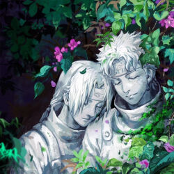 2boys closed_eyes eyelashes flower forehead_protector head_on_another&#039;s_shoulder high_collar konohagakure_symbol leaf light_smile long_hair low_ponytail male_focus momoyoru1 multiple_boys naruto_(series) naruto_shippuuden portrait purple_flower short_hair statue uchiha_itachi uchiha_shisui