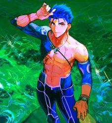 Rule 34 | 1boy, abs, baragi, blue hair, bracelet, crescent, crescent necklace, cu chulainn (second ascension) (fate), detached sleeves, earrings, fate/grand order, fate (series), highres, jewelry, looking at viewer, male focus, muscular, necklace, official alternate costume, pectorals, red eyes, short hair, solo, topless male, water, wet