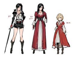 Rule 34 | adapted costume, aged down, arashiko falcom, black hair, blonde hair, boots, clive rosfield, dress, final fantasy, final fantasy xvi, full body, genderswap, genderswap (mtf), hair over one eye, highres, holding, holding sword, holding weapon, joshua rosfield, looking at viewer, mother and daughter, short shorts, shorts, siblings, sisters, standing, sword, weapon