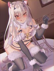 Rule 34 | 1girl, absurdres, bare shoulders, blush, breasts, elbow gloves, fate/grand order, fate (series), forked eyebrows, fur collar, gloves, highres, licking lips, long hair, looking at viewer, mash kyrielight, mash kyrielight (dangerous beast), melusine (fate), panties, raji (largesaint2210), sidelocks, small breasts, smile, solo, thighhighs, tongue, tongue out, underwear, white hair, yellow eyes