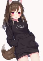 Rule 34 | 1girl, absurdres, animal ear fluff, animal ears, black hoodie, blush, brown background, brown hair, commentary request, cowboy shot, dog ears, dog girl, dog tail, drawstring, dutch angle, fang, hair between eyes, hands in pocket, highres, hood, hood down, hoodie, long hair, looking at viewer, original, parted lips, red eyes, ryu narb, simple background, solo, tail, tail raised, v-shaped eyebrows, wolf ears, wolf tail