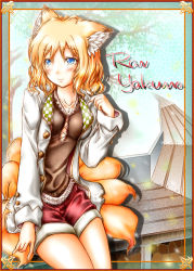 Rule 34 | 1girl, alternate costume, animal ears, blonde hair, blue eyes, blush, border, character name, contemporary, english text, female focus, fox ears, fox tail, highres, jewelry, kemu inu, multiple tails, necklace, short hair, shorts, sitting, solo, tail, touhou, yakumo ran