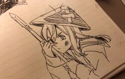 Rule 34 | 1girl, closed mouth, commentary, dutch angle, greyscale, hat, highres, holding, holding polearm, holding weapon, jingasa, kashikaze, long hair, looking at viewer, monochrome, nib pen (medium), original, polearm, scrape, sidelocks, solo, traditional media, weapon