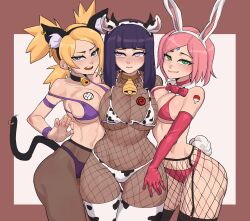 Rule 34 | 3girls, animal ears, animal print, bell, bikini, blonde hair, blunt bangs, boruto: naruto next generations, bow, bowtie, breasts, cat ears, cat tail, choker, collar, commentary, cow ears, cow horns, cow print, cow print bikini, cowbell, cowboy shot, detached collar, elbow gloves, english commentary, fake animal ears, fake tail, fishnets, gloves, gluteal fold, green eyes, haruno sakura, highres, horns, hyuuga hinata, hyyun ho, large breasts, looking at viewer, multiple girls, naruto (series), navel, neck bell, nontraditional playboy bunny, open mouth, panties, panties under pantyhose, pantyhose, pink hair, playboy bunny bikini, print bikini, quad tails, rabbit ears, rabbit tail, short hair, smile, swimsuit, tail, teeth, temari (naruto), thighhighs, tongue, underwear