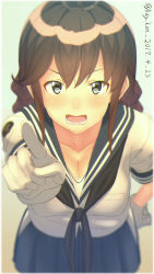 Rule 34 | 10s, 1girl, absurdres, alternate costume, angry, blue skirt, blush, breasts, brown hair, cleavage, collarbone, dated, gloves, green eyes, hand on own hip, highres, index finger raised, kantai collection, key kun, leaning forward, long hair, looking at viewer, medium breasts, noshiro (kancolle), open mouth, pleated skirt, scan, school uniform, serafuku, skirt, solo, twitter username, white gloves