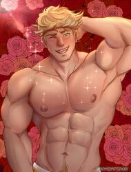 Rule 34 | 1boy, abs, artist name, bara, bara emperor, blonde hair, blush, floral background, flower, granblue fantasy, green eyes, hand on own head, highres, large pectorals, looking at viewer, male focus, muscular, muscular male, navel, nipples, open mouth, pectorals, rose, rose background, short hair, smile, solo, sparkling aura, topless male, upper body, vane (granblue fantasy)
