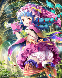Rule 34 | 1girl, bloomers, blue hair, blunt bangs, bow, dress, forest, gloves, high heels, holding, instrument, leg up, long hair, looking at viewer, looking back, nature, open mouth, original, outdoors, pink gloves, plant, polka dot, polka dot bow, purple dress, purple gloves, red eyes, solo, standing, standing on one leg, striped clothes, striped thighhighs, thighhighs, tin (wsp85205), tree, trumpet, tsurime, twintails, underwear, watermark, zettai ryouiki