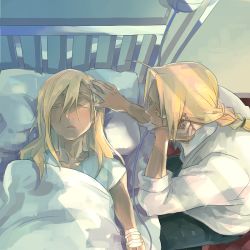 Rule 34 | 2boys, alphonse elric, bad id, bad pixiv id, bed, bed sheet, blonde hair, braid, brothers, closed eyes, duthcjs, edward elric, fullmetal alchemist, hand on own cheek, hand on own face, intravenous drip, long hair, looking at another, male focus, multiple boys, open mouth, pillow, shirt, siblings, sleeping, spoilers, sunlight, touching forehead, under covers, white shirt, yellow eyes