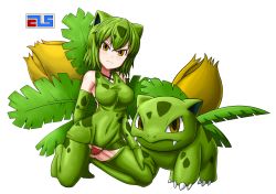 Rule 34 | 1girl, absurdres, alternate color, animal ears, arm behind back, artist name, bare shoulders, blush, bra, bra strap, breasts, brown eyes, claws, closed mouth, collarbone, covered navel, creatures (company), dress, elbow gloves, fangs, female focus, full body, game freak, gen 1 pokemon, gloves, gluteal fold, green bra, green dress, green gloves, green hair, green panties, green thighhighs, highres, ivysaur, kneeling, large breasts, leaf, looking at viewer, nintendo, panties, partially visible vulva, pokemon, pokemon (creature), red eyes, shiny pokemon, short dress, short hair, shougun (chuckni1), simple background, sleeveless, sleeveless dress, spread legs, standing, thighhighs, underwear, watermark, white background