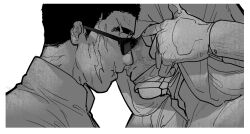 2boys bara call_of_duty call_of_duty:_modern_warfare_2 close-up couple covered_face eyebrow_cut facial_hair facial_scar fgh23qwe greyscale highres horangi_(modern_warfare_2) imminent_kiss konig_(call_of_duty) male_focus mask monochrome multiple_boys multiple_scars mustache_stubble parted_lips profile scar scar_on_cheek scar_on_face sparse_stubble stubble sunglasses thick_eyebrows yaoi