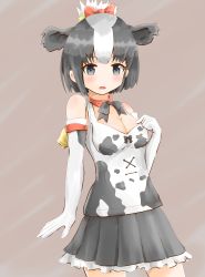 Rule 34 | 10s, 1girl, absurdres, animal ears, animal print, bad id, bad twitter id, bare shoulders, bell, black hair, bow, bowtie, collar, commentary request, cow ears, cow print, cowboy shot, dragonmaster464, elbow gloves, frilled skirt, frills, gloves, hair bow, hair bun, highres, holstein friesian cattle (kemono friends), kemono friends, multicolored hair, short hair, single hair bun, skirt, sleeveless, solo, white hair