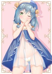 Rule 34 | 1girl, ;), animal ears, bare arms, bare shoulders, blue hair, dress, endro!, green eyes, highres, horns, kazuma (kazumav), long hair, looking at viewer, meiza endust, navel, one eye closed, own hands together, panties, see-through, see-through dress, sheep ears, sheep horns, skindentation, smile, solo, underwear