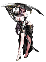 Rule 34 | 1girl, absurdres, bare legs, belt, black belt, black collar, black dress, black footwear, black hat, black skirt, breasts, bridal gauntlets, chest harness, cleavage, cleavage cutout, clothing cutout, collar, contrapposto, dress, full body, fur-trimmed dress, fur trim, girls&#039; frontline neural cloud, hand on headwear, harness, hat, high heels, highres, hip vent, holding, holding scythe, huge breasts, jingasa, leaning forward, light blush, long hair, nail polish, off-shoulder dress, off shoulder, official art, purple eyes, purple hair, purple nails, sangoma (neural cloud), scythe, simple background, skirt, smile, solo, standing, tachi-e, toenail polish, toenails, very long hair, white background, wide brim, wide hips, xiaoluo xl