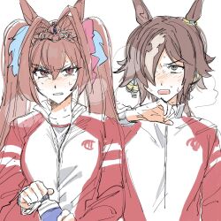 Rule 34 | 2girls, animal ears, blush, bottle, brown eyes, brown hair, clenched teeth, commentary request, daiwa scarlet (umamusume), gym shirt, hair between eyes, hair intakes, hair over one eye, highres, holding, holding bottle, horse ears, jacket, long sleeves, multicolored hair, multiple girls, nose blush, open mouth, shirt, shizune (sznxb), simple background, sketch, steam, streaked hair, sweat, teeth, tiara, track jacket, twintails, umamusume, upper body, vodka (umamusume), water bottle, white background, white jacket, white shirt