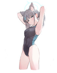 Rule 34 | 1girl, absurdres, animal ear fluff, animal ears, armpits, arms up, blue archive, blush, breasts, competition swimsuit, covered navel, cropped legs, extra ears, grey hair, groin, halo, head tilt, highleg, highleg swimsuit, highres, lakudaken, looking at viewer, medium breasts, official alternate costume, one-piece swimsuit, ponytail, presenting armpit, shiroko (blue archive), shiroko (swimsuit) (blue archive), simple background, solo, swimsuit, white background, wolf ears