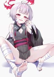 Rule 34 | 1girl, absurdres, bandaged arm, bandaged leg, bandages, black nails, blue archive, blush, breasts, cleavage cutout, clothing cutout, collarbone, commentary request, diamond cutout, dusu (htkj), fingernails, gauze on cheek, gauze on face, grey hair, halo, highres, long hair, looking at viewer, nail polish, obi, open mouth, pelvic curtain, pointy ears, purple eyes, purple halo, sash, shuro (blue archive), sideless outfit, simple background, sitting, small breasts, soles, solo, spread legs, teeth, toenail polish, toenails, toes, upper teeth only, white background