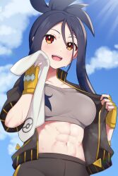 Rule 34 | 1girl, :d, abs, absurdres, black hair, blush, breasts, cloud, collarbone, commentary request, creatures (company), cross scar, day, dendra (pokemon), fingerless gloves, game freak, gloves, highres, holding, holding towel, jacket, large breasts, light rays, medium breasts, navel, nintendo, open clothes, open jacket, open mouth, opened by self, outdoors, pokemon, pokemon sv, scar, scar on face, scar on forehead, sky, smile, solo, sweat, teeth, tongue, towel, umi! (umidigda kawaii), upper teeth only, yellow gloves, zipper pull tab