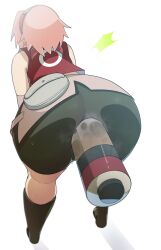 Rule 34 | 1girl, absurdres, anal, anal object insertion, ass, ass focus, bent over, black footwear, black shorts, forehead protector, haruno sakura, highres, naruto (series), naruto shippuuden, object insertion, penetration through clothes, pink hair, pouch, red shirt, scroll, shirt, short hair, shorts, simple background, sleeveless, sleeveless shirt, solo, spaghetto087, white background