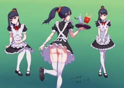 Rule 34 | 1girl, absurdres, alternate costume, apron, ass, black dress, black footwear, black hair, blue eyes, commentary request, dress, food, french fries, frills, garter straps, gridman universe, highres, holding, holding tray, looking at viewer, looking back, maid, maid apron, mcdonald&#039;s, orange scrunchie, ponytail, red ribbon, ribbon, scrunchie, short sleeves, sitting, smile, soft drink, ssss.gridman, standing, takarada rikka, thighhighs, tray, user yunm5888, white thighhighs, wrist cuffs