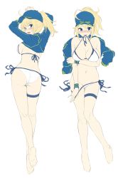 Rule 34 | 1girl, ahoge, akita hika, artoria pendragon (fate), bad id, bad twitter id, baseball cap, bikini, blonde hair, blue eyes, blue hat, blush, breasts, cleavage, commentary request, fate/grand order, fate (series), full body, hair through headwear, hat, highres, large breasts, long hair, looking at viewer, mysterious heroine x (fate), mysterious heroine xx (fate), navel, ponytail, shrug (clothing), side-tie bikini bottom, simple background, solo, swimsuit, unfinished, white background, white bikini