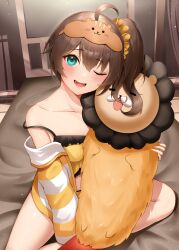 Rule 34 | 1girl, absurdres, ahoge, aqua eyes, bare shoulders, blush, breasts, brown hair, camisole, collarbone, ebi frion (natsuiro matsuri), frilled camisole, frills, hair between eyes, hair ornament, highres, hololive, jacket, long hair, long sleeves, looking at viewer, medium breasts, medium hair, natsuiro matsuri, natsuiro matsuri (matsuri&#039;s day off), one eye closed, open mouth, roina (effj7473), scrunchie, side ponytail, sitting, smile, solo, striped clothes, striped jacket, virtual youtuber, white jacket, yellow camisole, yellow jacket, yellow scrunchie