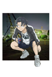 Rule 34 | 1boy, absurdres, asagaya (colcol), black eyes, black hair, black jacket, blurry, blurry background, can, commentary, drink, drink can, highres, holding, holding drink, jacket, long sleeves, male focus, outdoors, photo background, print shirt, shirt, shoes, short hair, shorts, sneakers, soda can, solo, squatting, watch, white footwear, wristwatch, yamori kou, yofukashi no uta