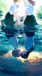 Rule 34 | 2girls, closed eyes, commentary request, fire, highres, holding hands, imminent kiss, long hair, multiple girls, original, pool, reflecting pool, reflection, reflective water, school uniform, shoes, short hair, sitting, skirt, yukimaru nun, yuri