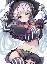Rule 34 | 1girl, absurdres, breasts, capelet, chain, chain hairband, cleavage, cropped shirt, grey hair, hair bun, hair ornament, hat, head chain, highres, hololive, jewelry, long hair, looking at viewer, murasaki shion, murasaki shion (1st costume), purple capelet, purple hat, purple skirt, purple thighhighs, shirt, short eyebrows, single hair bun, skirt, small breasts, smile, solo, star (symbol), star hair ornament, striped clothes, striped shirt, striped thighhighs, tazrn1, thigh strap, thighhighs, vertical-striped clothes, vertical-striped shirt, vertical-striped thighhighs, virtual youtuber, witch hat, yellow eyes