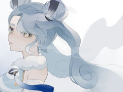 Rule 34 | 1girl, ameyui komori, blue hair, commentary, creatures (company), detached sleeves, double bun, eyelashes, flying miku (project voltage), game freak, gradient hair, hair bun, hair over one eye, hatsune miku, highres, looking at viewer, multicolored hair, nintendo, parted lips, pokemon, project voltage, see-through, see-through sleeves, simple background, solo, twintails, vocaloid, wind chime, yellow eyes