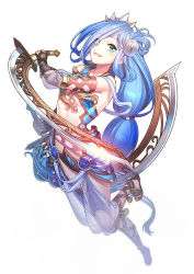 Rule 34 | 1girl, :d, aqua eyes, armpit crease, bare shoulders, blue hair, blush, breasts, brown footwear, collarbone, dana (ys), dual wielding, falcom, full body, gauntlets, hair ornament, hair over one eye, headgear, highres, holding, holding weapon, leg up, long hair, looking at viewer, low-tied long hair, navel, open mouth, revealing clothes, reverse grip, ririko (zhuoyandesailaer), see-through, shoes, sidelocks, simple background, small breasts, smile, solo, stomach, sword, teeth, thighs, upper teeth only, very long hair, weapon, white background, ys, ys viii lacrimosa of dana