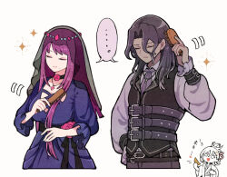 Rule 34 | ..., 1girl, 2boys, black dress, black hair, black vest, blue necktie, brushing hair, closed eyes, closed mouth, collared shirt, comb, commentary request, dark-skinned male, dark skin, dress, fire emblem, fire emblem engage, hair brush, hand on own hip, holding, holding comb, holding hair brush, ivy (fire emblem), jewelry, kagetsu (fire emblem), kuhaha, long hair, long sleeves, multiple boys, necklace, necktie, nintendo, purple shirt, shirt, simple background, smile, veil, vest, white background, zelkov (fire emblem)