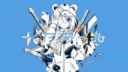 Rule 34 | 1girl, animal hood, bandages, blue background, blue eyes, braid, dart, hacksaw, hate-girl, highres, hood, hoodie, iya girl (vocaloid), liquid-in-glass thermometer, nou (nounknown), official art, original, saw, simple background, sleeves past wrists, solo, song name, stuffed animal, stuffed toy, teddy bear, thermometer, vocaloid