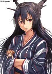 Rule 34 | 10s, 1girl, alternate costume, black hair, breasts, brown hair, character doll, collar, collarbone, commentary request, crossed arms, eyebrows, floral print, gloves, green eyes, hair between eyes, hands in opposite sleeves, headgear, japanese clothes, kantai collection, kimono, long hair, long sleeves, looking at viewer, medium breasts, mutsu (kancolle), nagato (kancolle), obi, radio antenna, red eyes, sakiyamama, sash, short hair, simple background, smile, solo, striped clothes, striped kimono, twitter username, white background, white gloves, wide sleeves, yukata